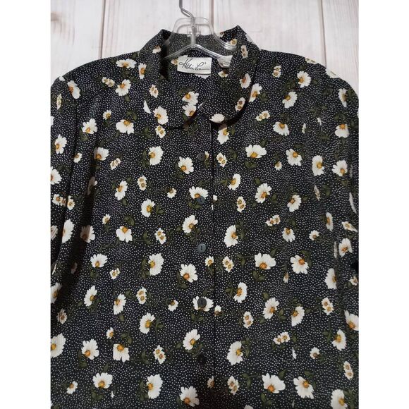 Kathy Lee Shirt Ladies 14 Black White Floral Button Front Short Sleeve Daisy - Picture 3 of 7